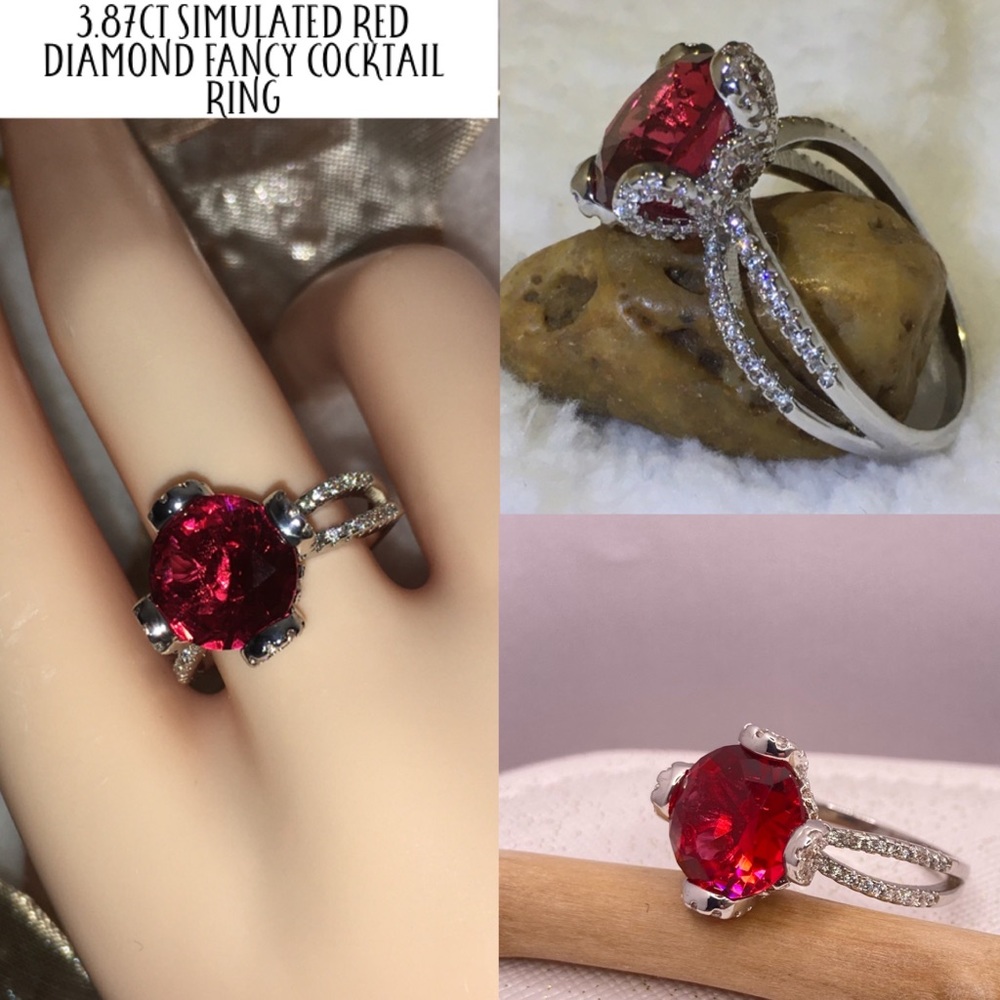 3.87ct Simulated Red Diamond Micro Pave Cocktail Ring